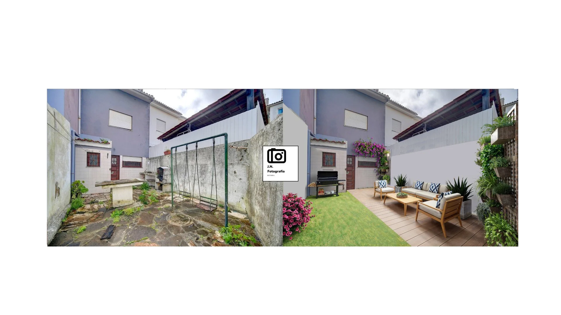 Before and after images of a backyard renovation showing an old, cluttered outdoor space on the left with plants, a stone table, and a swing set, and a transformed modern outdoor patio on the right with a grassy area, wooden deck, outdoor furniture, 