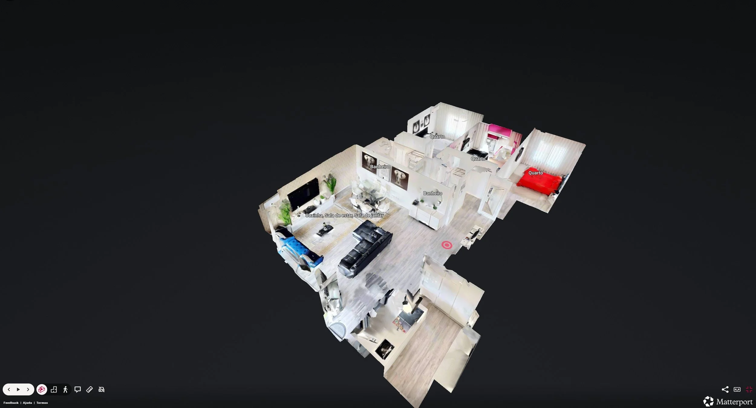 3D floor plan of a modern apartment showing living room, kitchen, dining area, three bedrooms, and bathrooms, with labeled rooms in Portuguese.