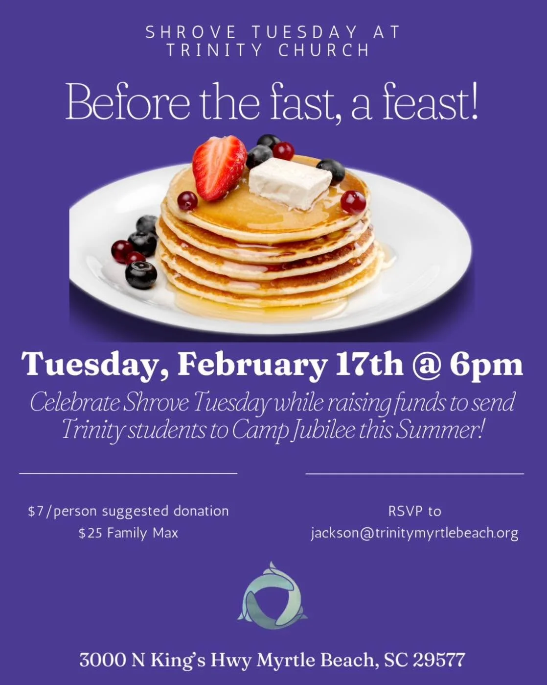 Come eat (breakfast for) dinner with us tomorrow evening and help support our youth going to Camp Jubilee!