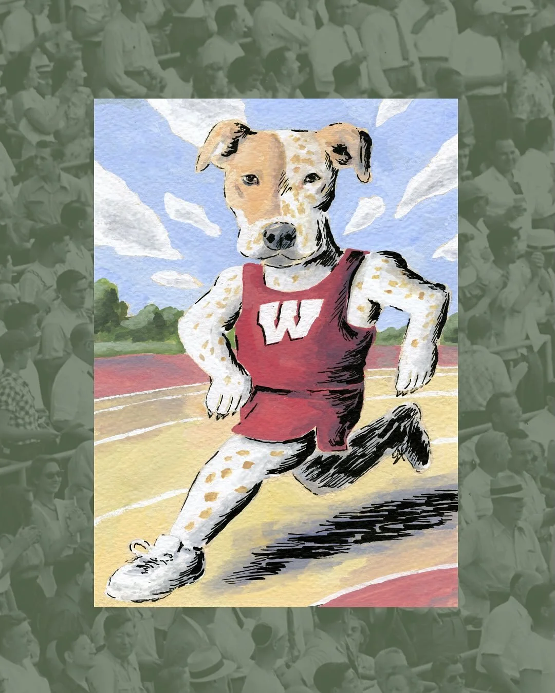 Recently a customer asked me to use Steve Prefontaine as inspiration for a custome pet portrait. I’ve been trying to do some running myself recently after taking a few years off. It’s slow-going; my neighborhood has lots of hills! 
If yo