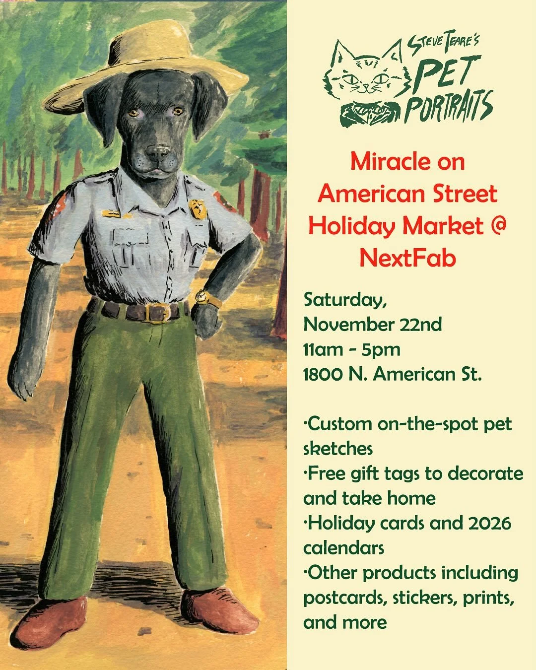I&rsquo;m kicking off my busy season of holiday markets this Saturday. I&rsquo;ll be at the @nextfab_phl fifth annual Miracle on American Street Holiday Market alongside 80+ other local makers. Watch me draw on-the-spot custom sketches of your pet, a