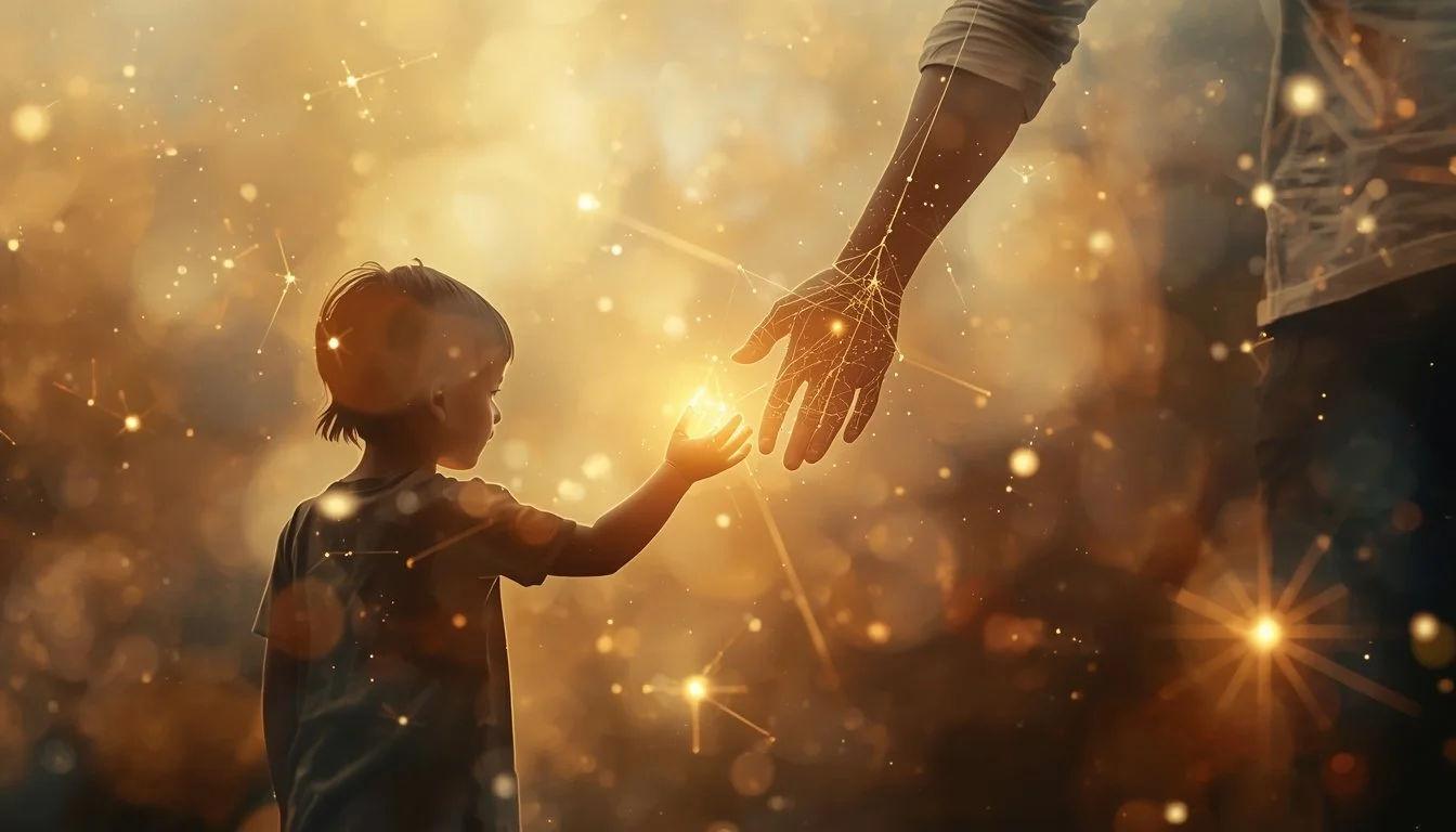 Ilustración de conexión energética entre adulto y niño representando la crianza consciente con límites y la regulación del sistema nervioso.