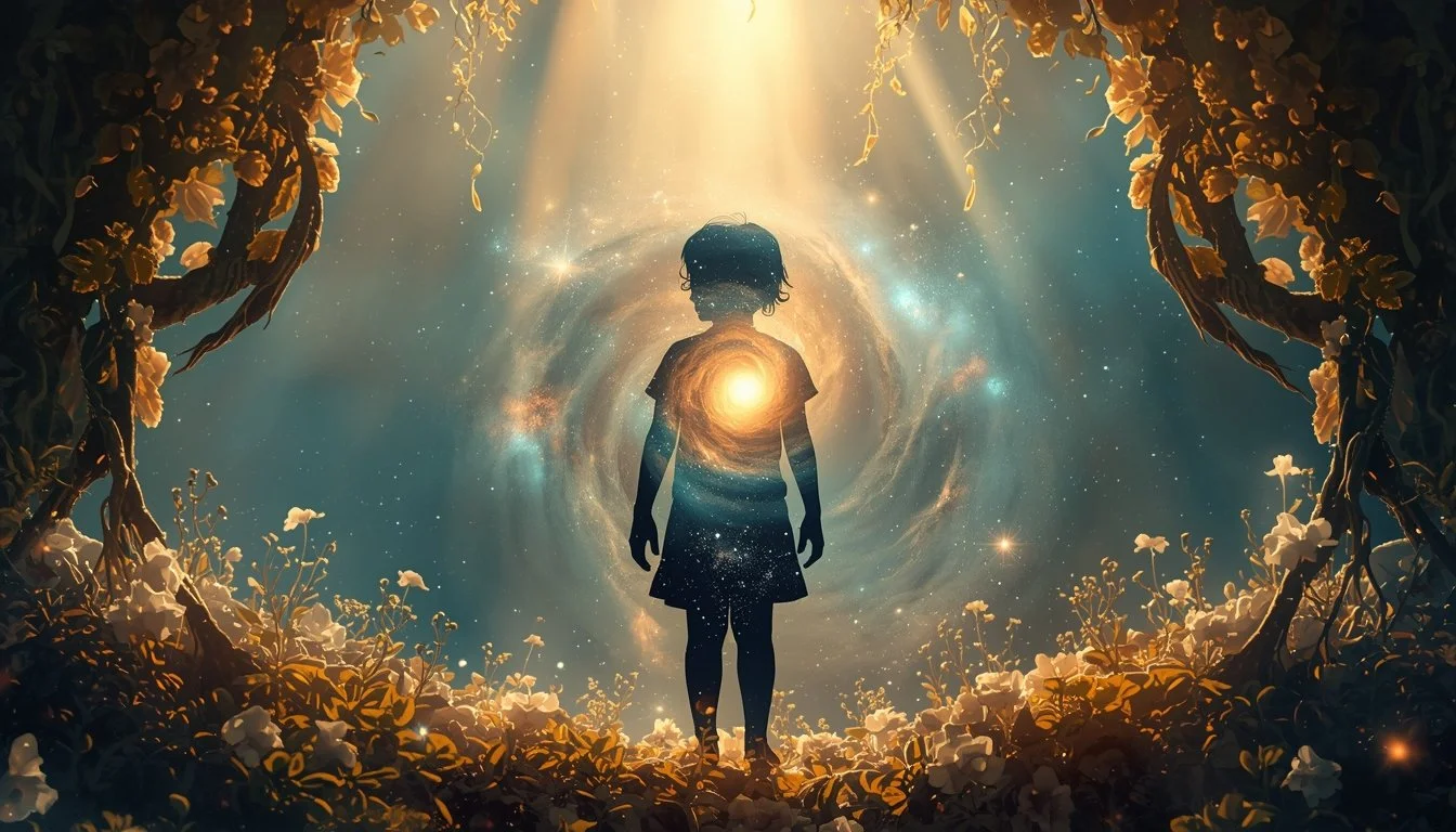 Arte conceptual de un niño como un universo brillante simbolizando el respeto por la autenticidad infantil y la conexión con la esencia.