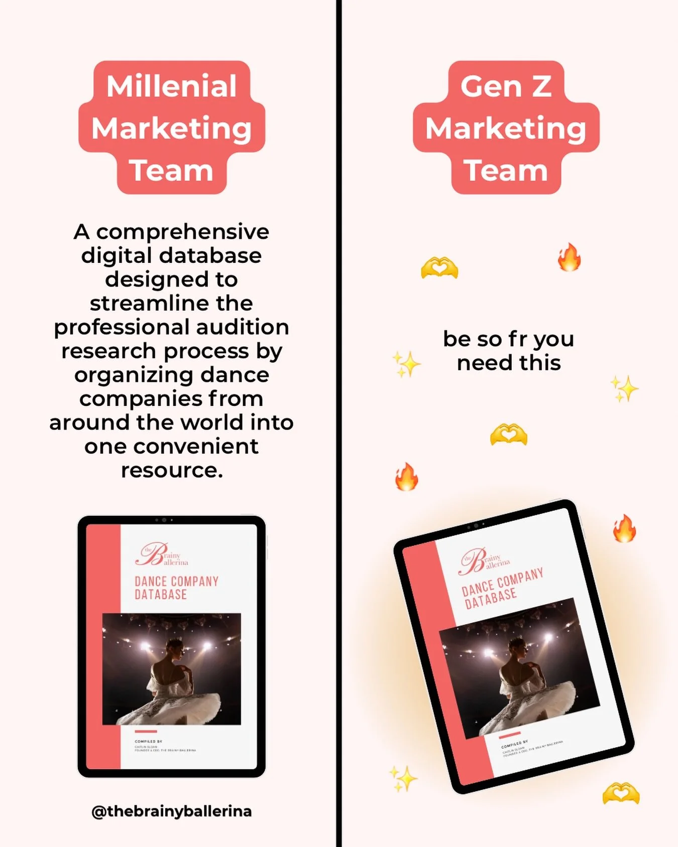 The way it took me 6x the amount of time to come up with the Gen Z marketing 🤣🤣

True millennial here, but either way the dance company database is a no brainer for any dancer pursuing a professional career!

#ballerinasofinstagram #ballerinasofig 