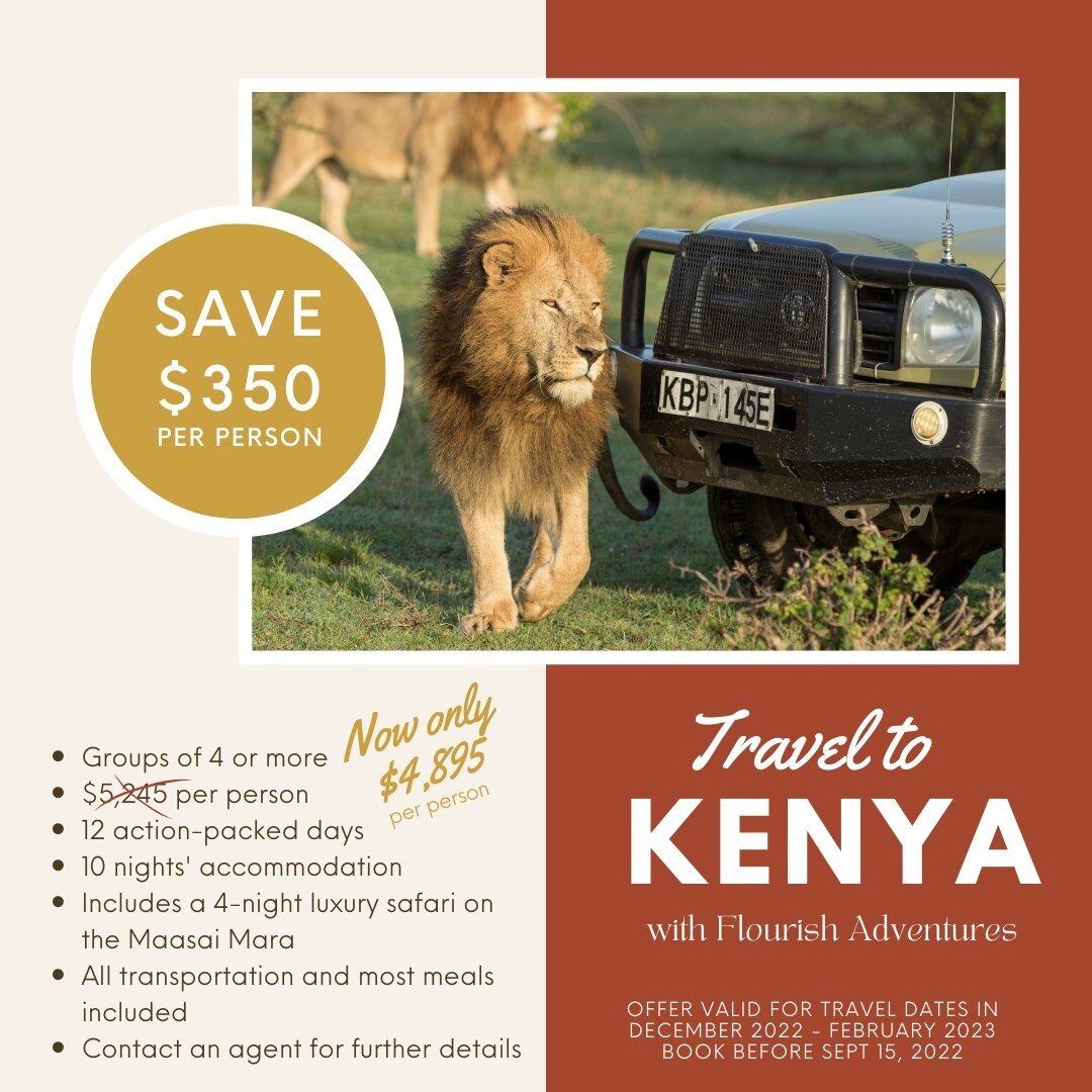🚨SPECIAL RATE ALERT!!!🚨 Save $350 per person when you book your adventure to Kenya before September 15th!

This bigger-than-your-bucket-list trip includes:
💥12 Action-packed days
💥10 nights' accommodation including 4 nights' luxury safari on the 