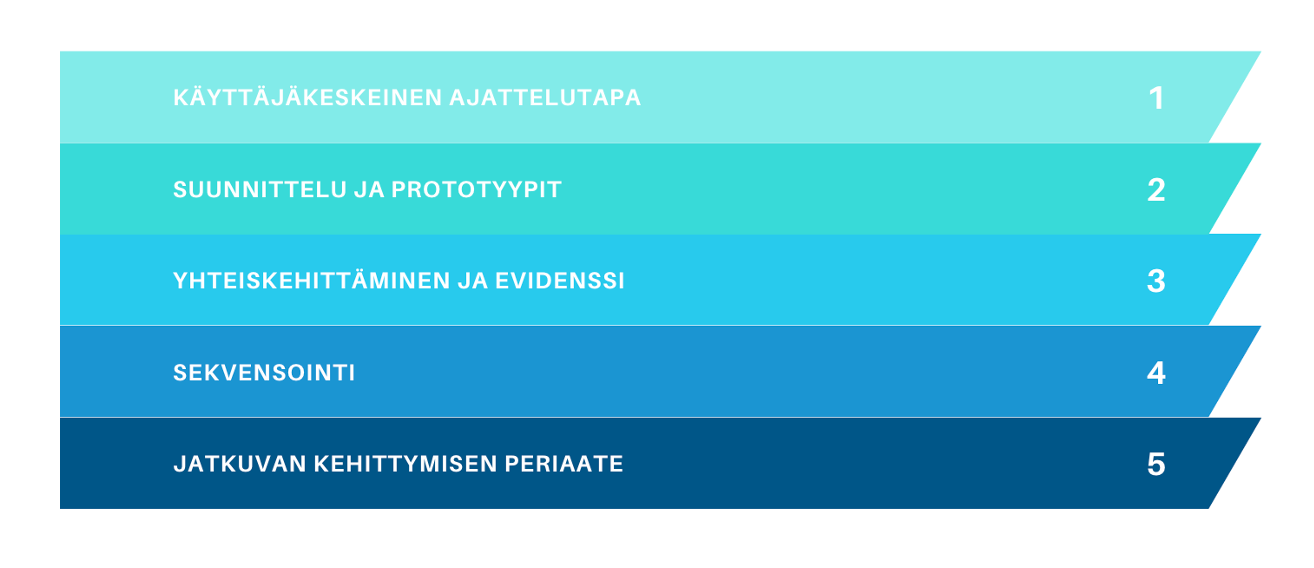 Muotoiluajattelun viisi perusperiaatetta ovat käyttäjälähtöinen ajattelutapa, suunnittelu ja prototyypit, yhteiskehittäminen ja evidenssi, sekvensointi ja jatkuvan kehittymisen periaate.
