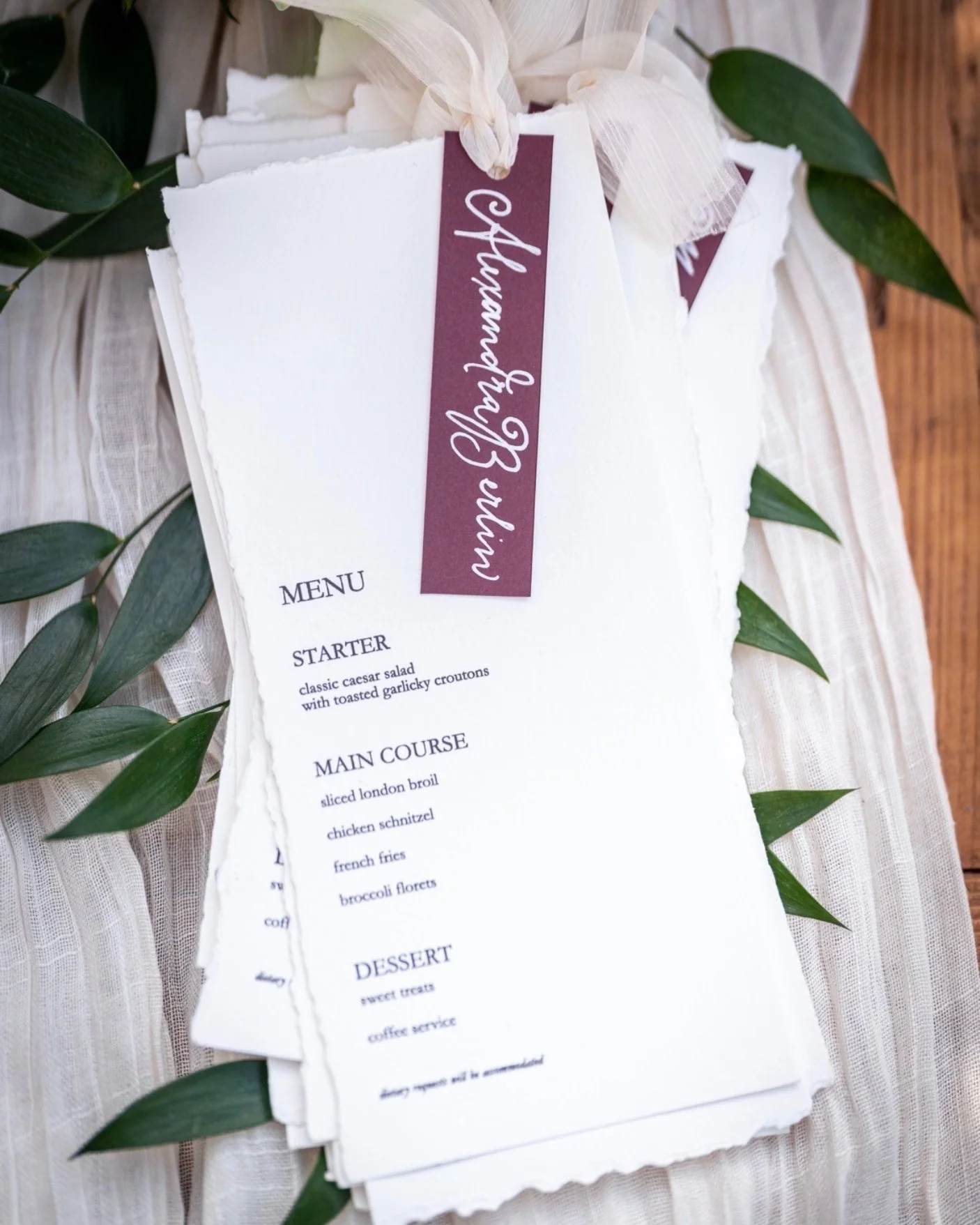 deckled edge menus and burgundy place cards for jen &amp; jake 

#weddings #liebandrose #weddingmenus #weddingstationery #menudesign #weddingmenudesign #weddingplacecards #handwrittenplacecards #weddingtablesettings #weddingtablescape