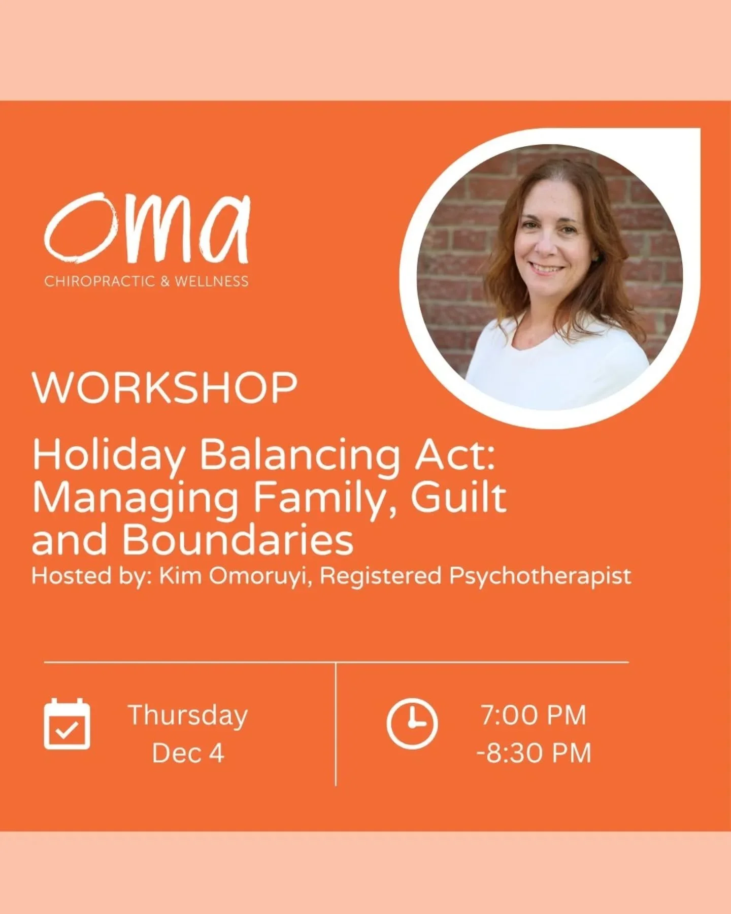 ✨&nbsp;Holiday Caregiving Balance Group&nbsp;✨
Managing Family, Guilt &amp; Boundaries During the Season
Led by&nbsp;Registered Psychotherapist Kim Omoruyi

The holidays can feel like a juggling act. You&rsquo;re trying to meet your parents&rsquo; ne