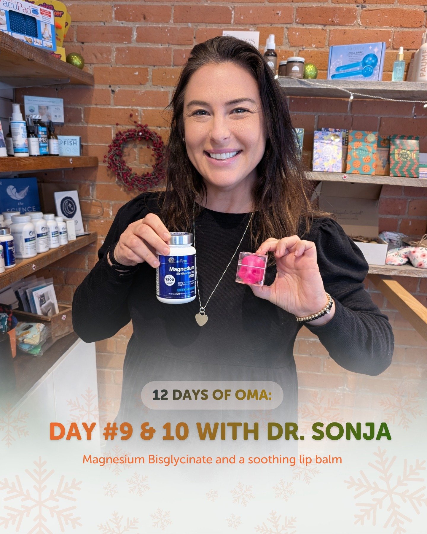 ✨ Days 9 + 10 of the 12 Days of Oma ✨

Next up is Dr. Sonja&rsquo;s favourite picks from the Oma Shop!

Her choices: Magnesium Bisglycinate and a soothing lip balm 🧡

Dr. Sonja loves Magnesium Bisglycinate as part of her evening routine because it c