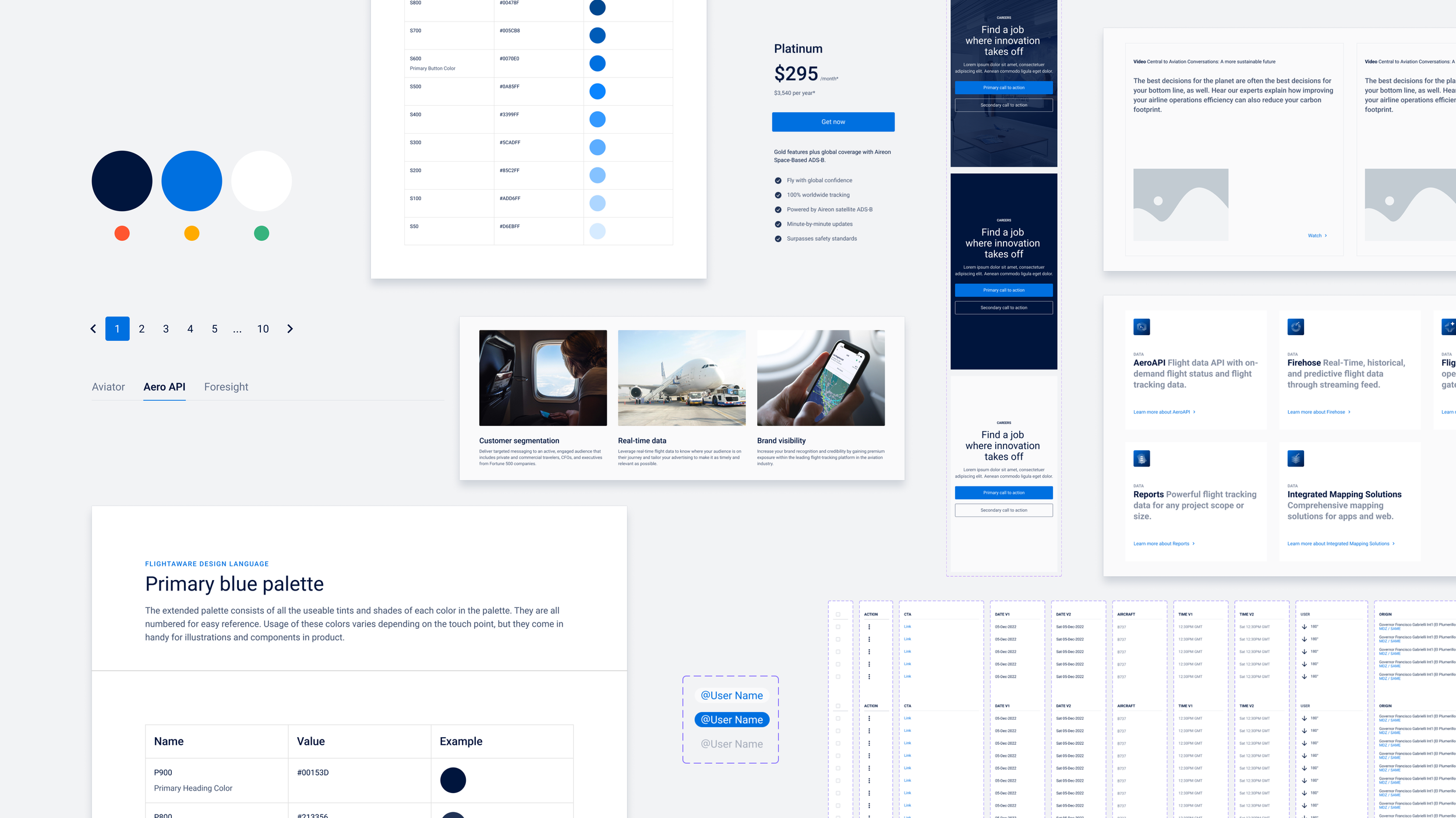 Collection of design system and marketing screenshots featuring color palettes, product features, and data tables.