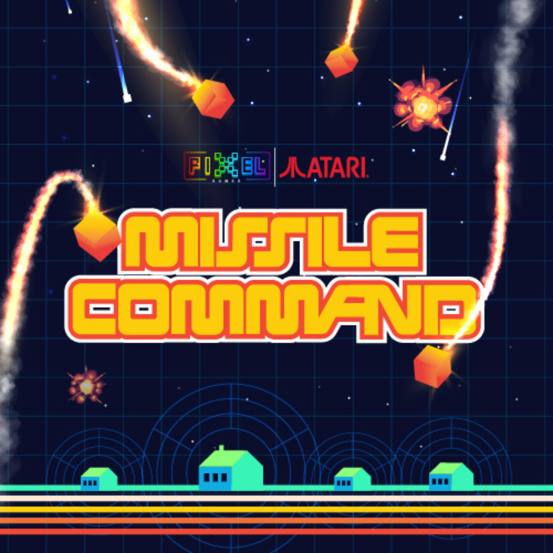 Retro arcade style game cover art titled 'Molecule Commander' with pixel art houses at the bottom and space scene with missiles and explosions in the background.