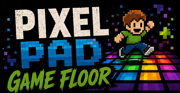 Pixel art style graphic with the text 'Pixel Padd' and 'Game Floor', featuring a pixelated animated character jumping on a colorful, illuminated dance floor.
