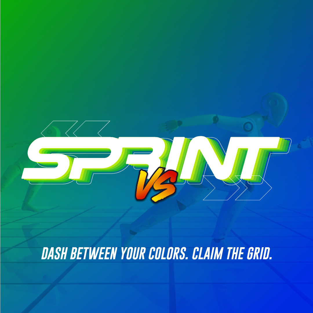 Logo for a game called Spring VS with the tagline "Dash between your colors. Claim the grid." Two robots are on a grid, one in green and one in blue, in the background.
