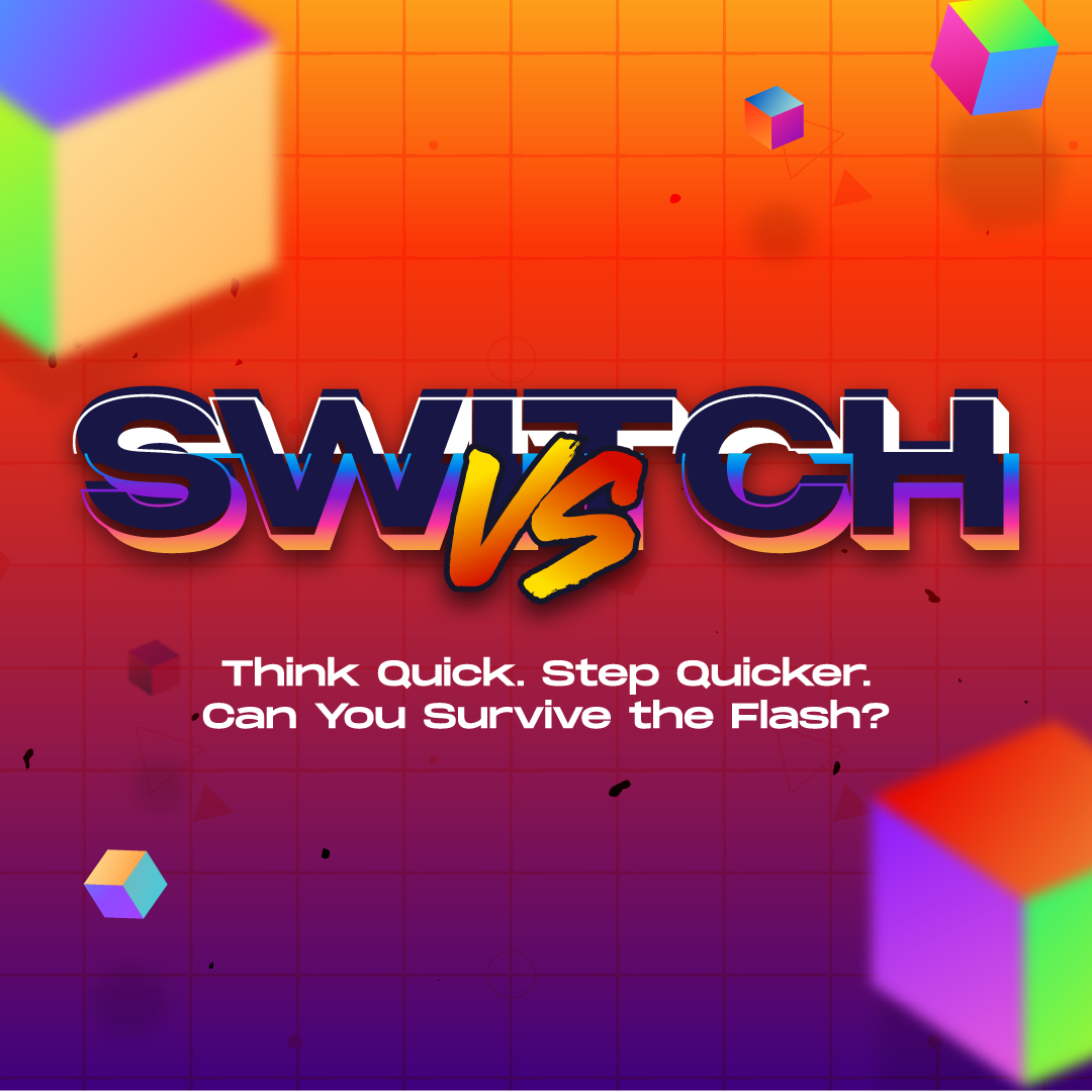 A colorful game poster with 3D cubes and grid background, featuring the title "Swipe vs Catch" and the tagline "Think Quick. Step Quicker. Can You Survive the Flash?"