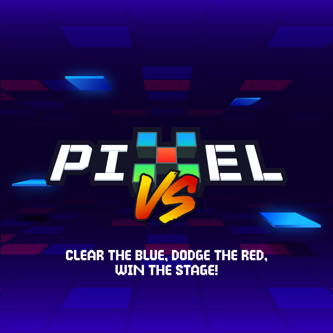 A digital game screen titled "Puzzle vs" with the instructions "Clear the blue, dodge the red, win the stage!" displayed at the bottom.