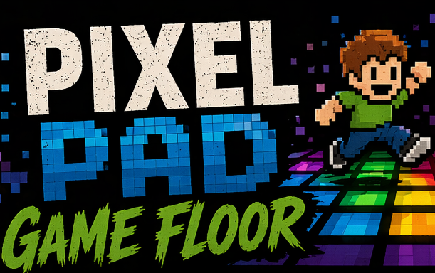 Pixel art style of a boy jumping on a colorful game floor with text 'Pixel Pad' and 'Game Floor'.