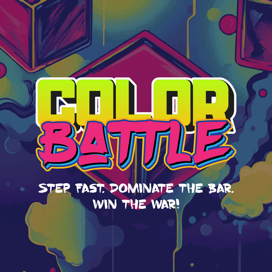 Color Battle logo with vibrant graffiti-style background, featuring bold, colorful text and a tagline promoting a game of speed and domination to win.