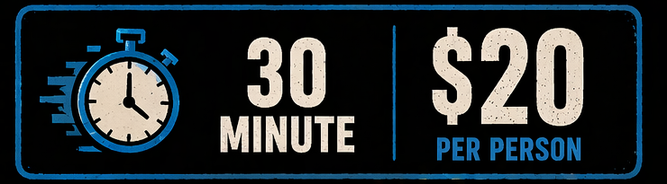 A sign indicating a 30-minute duration and a cost of $20 per person.