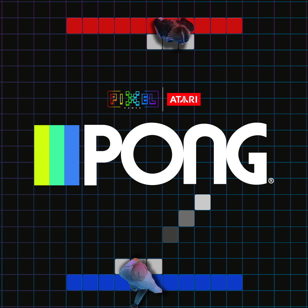 Top-down view of two people standing on a large grid floor, facing each other with an Atari logo and the word 'PONG' in the center, with colorful blocks and game-related graphics surrounding them.