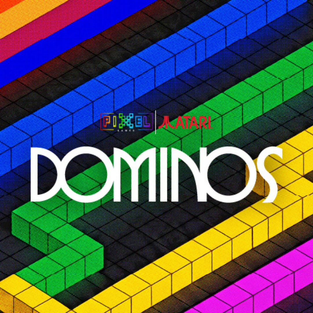 Colorful digital artwork featuring pixelated blocks resembling a Tetris game with the words 'Paxel' and 'Atari' and the title 'Dominoes' in bold white letters.
