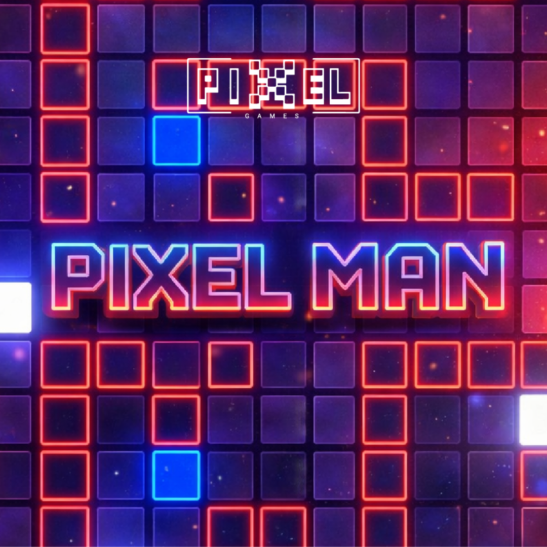A digital neon-style graphic featuring a grid of glowing squares, some outlined in red, with the text 'PIXEL MAN' in large neon letters and 'GAMES' in smaller text above. The background has a space-like appearance with faint star-like points.