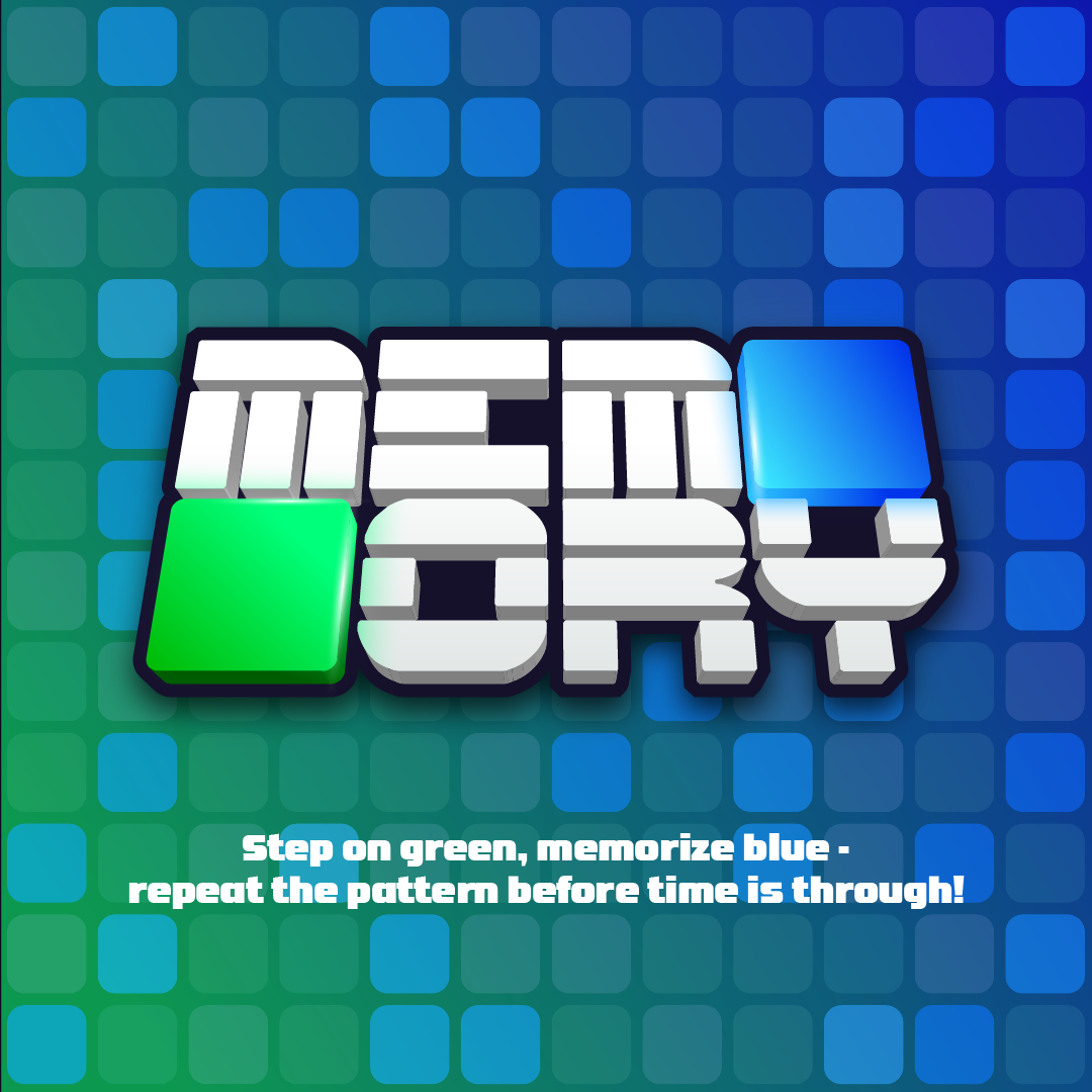 Color pattern game with a grid background and 3D blocks spelling 'MEMORY' in white, with green and blue blocks highlighting.