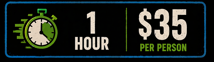 Sign with a timer graphic and text reading '1 Hour $35 Per Person' for a timed activity or event.