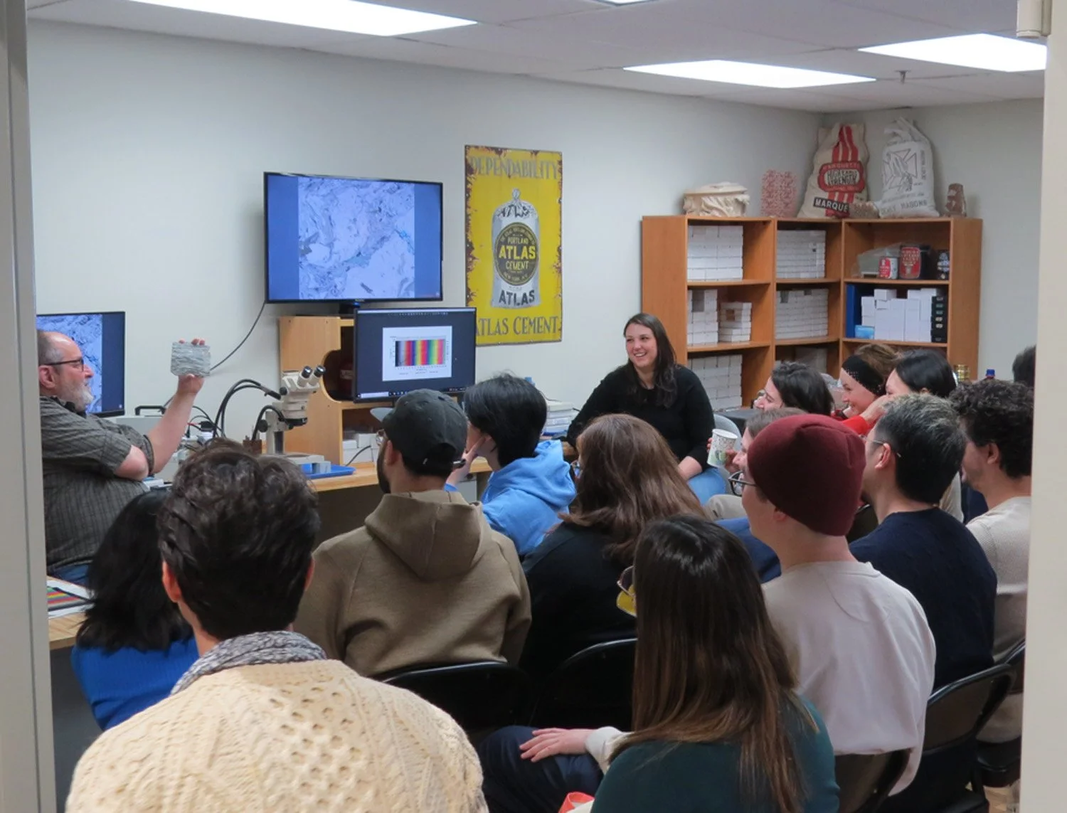 Graduate students from Columbia GSAPP learning about concrete and masonry materials testing in the petrography lab