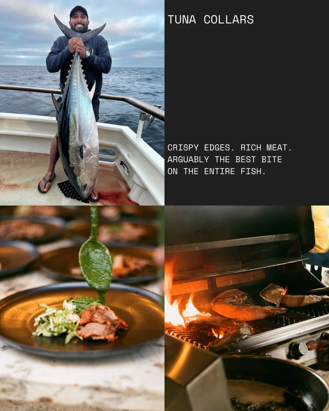 Most people never eat tuna collars.

A lot of them get tossed aside when the loins come off, even though they&rsquo;re one of the richest, most flavorful parts of the entire fish.

Crispy edges. Smoky meat. Straight over fire.

Arguably the best bite
