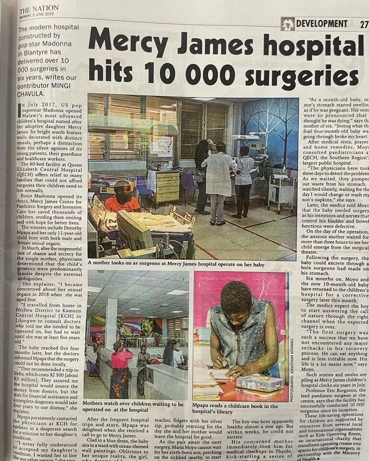 The Mercy James Centre celebrates 10,000 surgeries, as featured in @nationonlinemw. We can&rsquo;t thank this community enough, our founder @madonna, Dr. Borgstein, and the entire Mercy James staff for their unwavering support to achieve such a miles