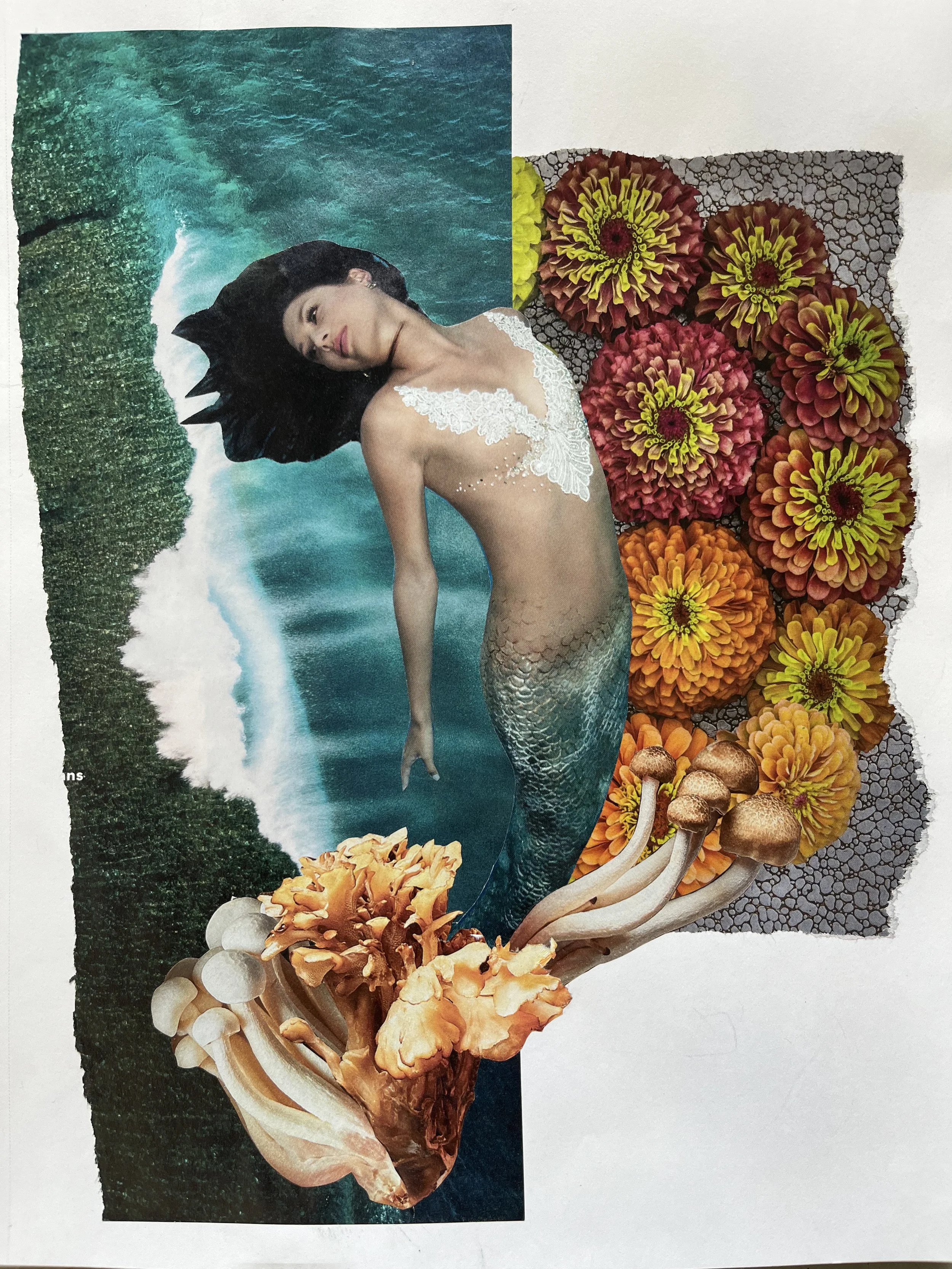 Collage featuring a mermaid with a floral crown, ocean background, and a variety of colorful flowers and mushrooms.