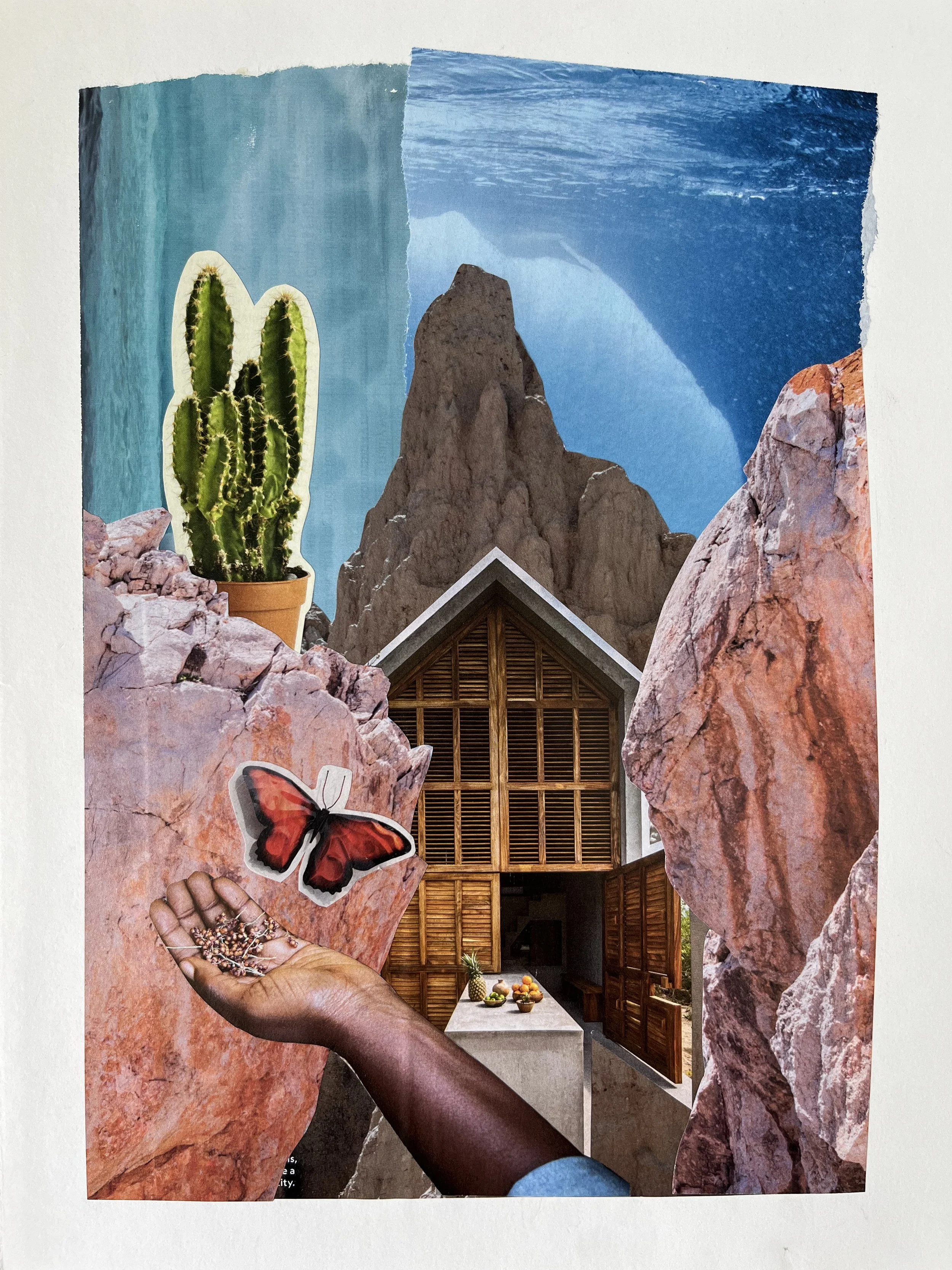 A collage featuring a tall cactus in a pot, a large mountain, a wooden house with open shutters, large rocks, a hand holding a collection of tiny colorful beads, a butterfly cutout, and a backdrop of blue sky and ocean waves.