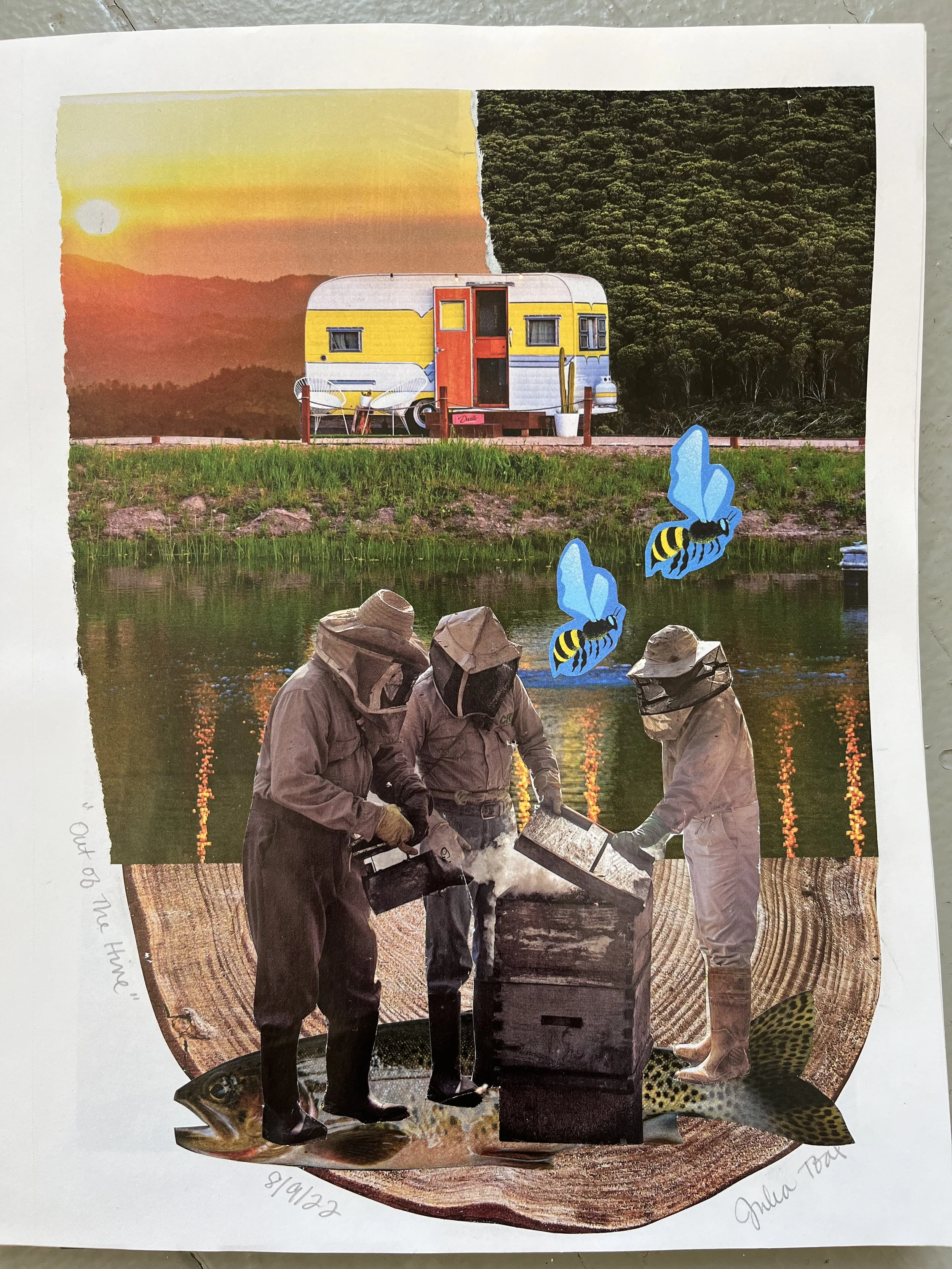 Collage of nature scenes, bees, and wildlife conservation workers. Top shows a sunset over a hilly landscape with a yellow, blue, and red camper trailer. Middle features a lake with green grass and trees in the background, and animated blue bees. Bottom depicts three beekeepers in protective suits working with a hive near a fish on a wood surface. Handwritten notes and dates are visible along the border.
