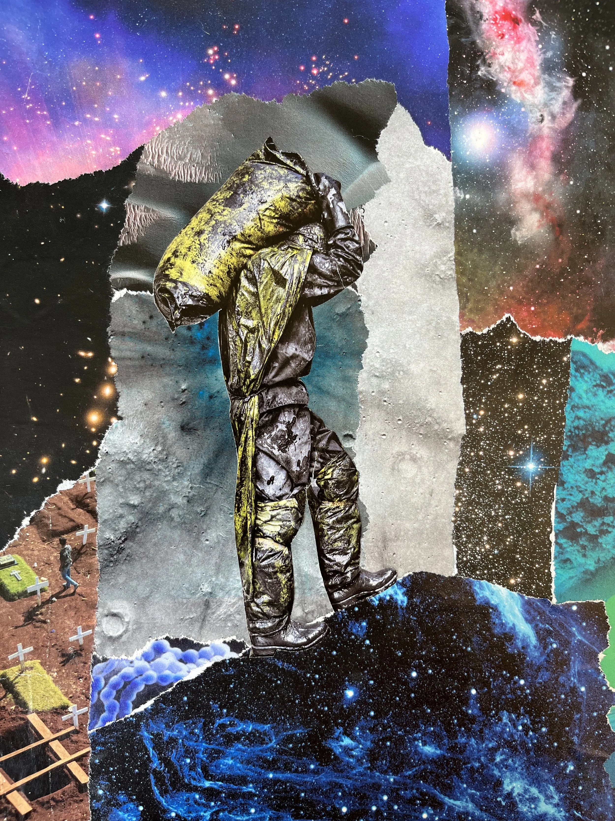 Collage of torn space-themed paper with a central figure of a person in a hazmat suit carrying a large, yellow bag, set against a cosmic background of stars, nebulae, and planets.