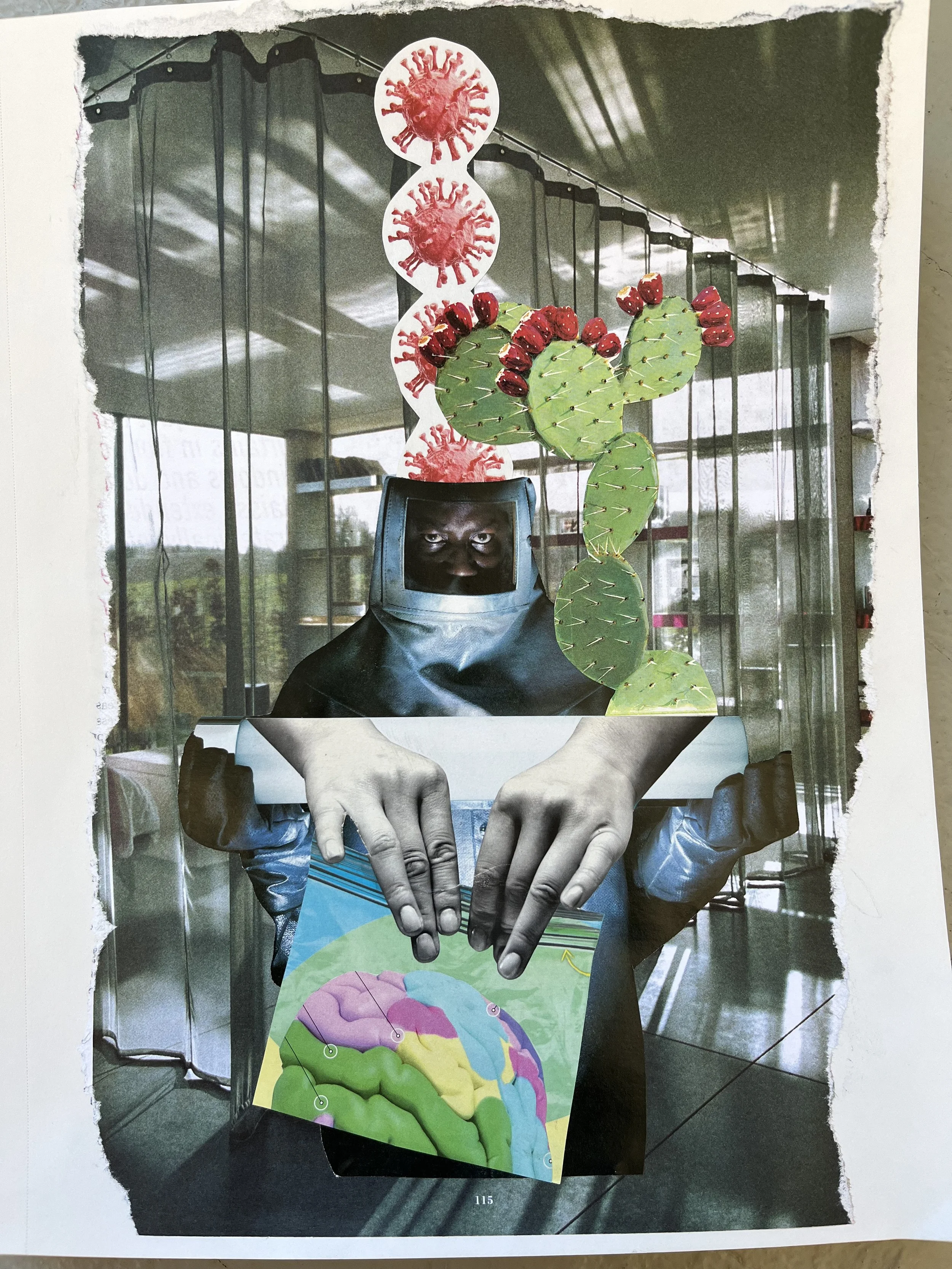A collage featuring a person in a metal helmet with a face visible, holding a colorful diagram. Above, there are illustrations of virus particles and a cactus with red fruit. The background shows a glass window reflecting the interior space.