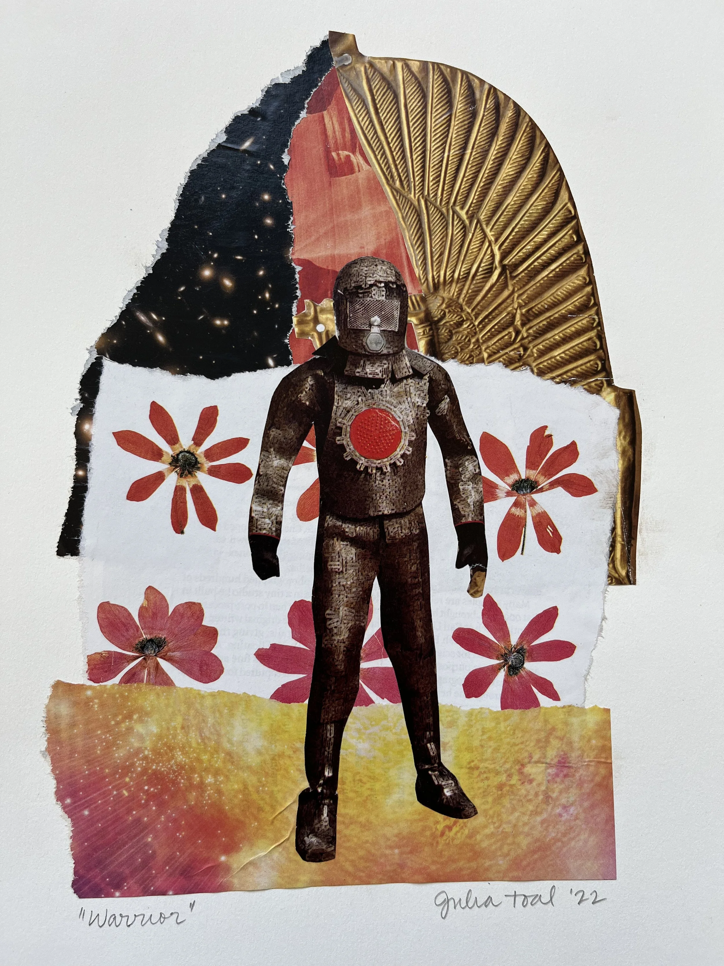 Collage featuring a robot figure with a red chest plate, set against colorful floral and patterned backgrounds, titled 'Warrior' by Julia Tool 2022.