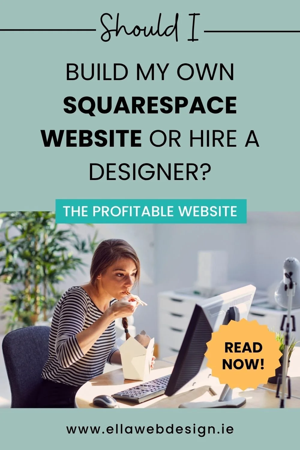 Busy women sitting in front of computer and eating at her desk wonedring iShould I Build My Own Squarespace Website or Hire a Designer?
