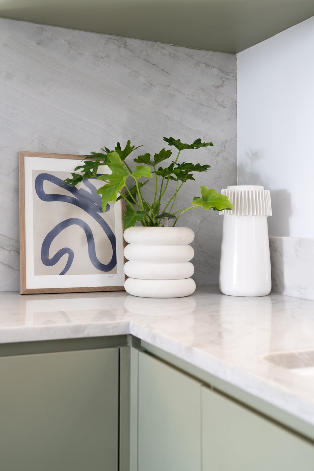 Kitchen Decor White Sculptural Ceramics Planter Blue Sqiggle Art 