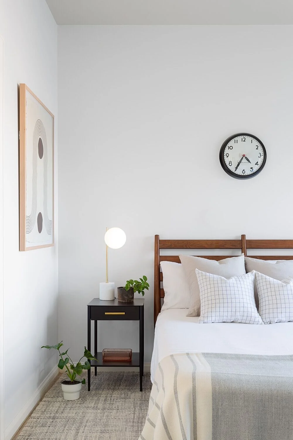 Minimal Interior Design Wooden Bed Clock Blockprint Art