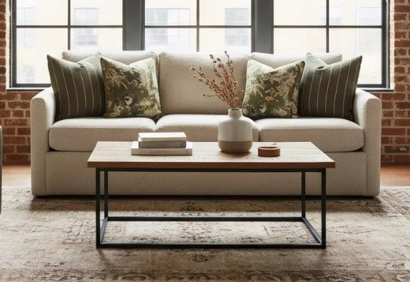 A white outdoor sectional sofa with blue patterned pillows on a stone-paved patio, overlooking a lush green garden with trees and shrubs, under a porch with large white columns and black shutters.