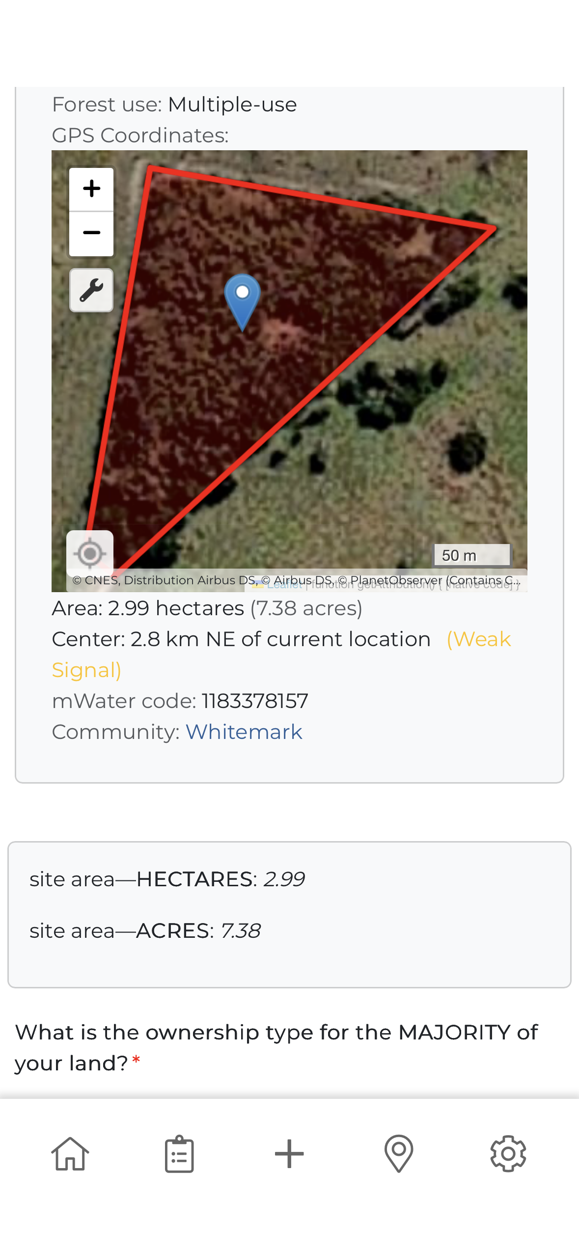 Solstice mobile survey showing a mapped restoration site and its area