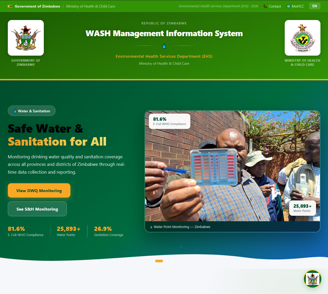 Zimbabwe Ministry of Health and Child Care WASH Management Information System homepage