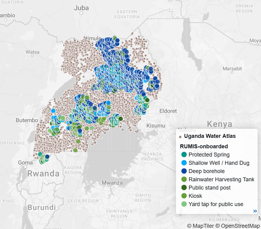 Uganda national map showing Water Atlas water points and RUMIS-onboarded water sources