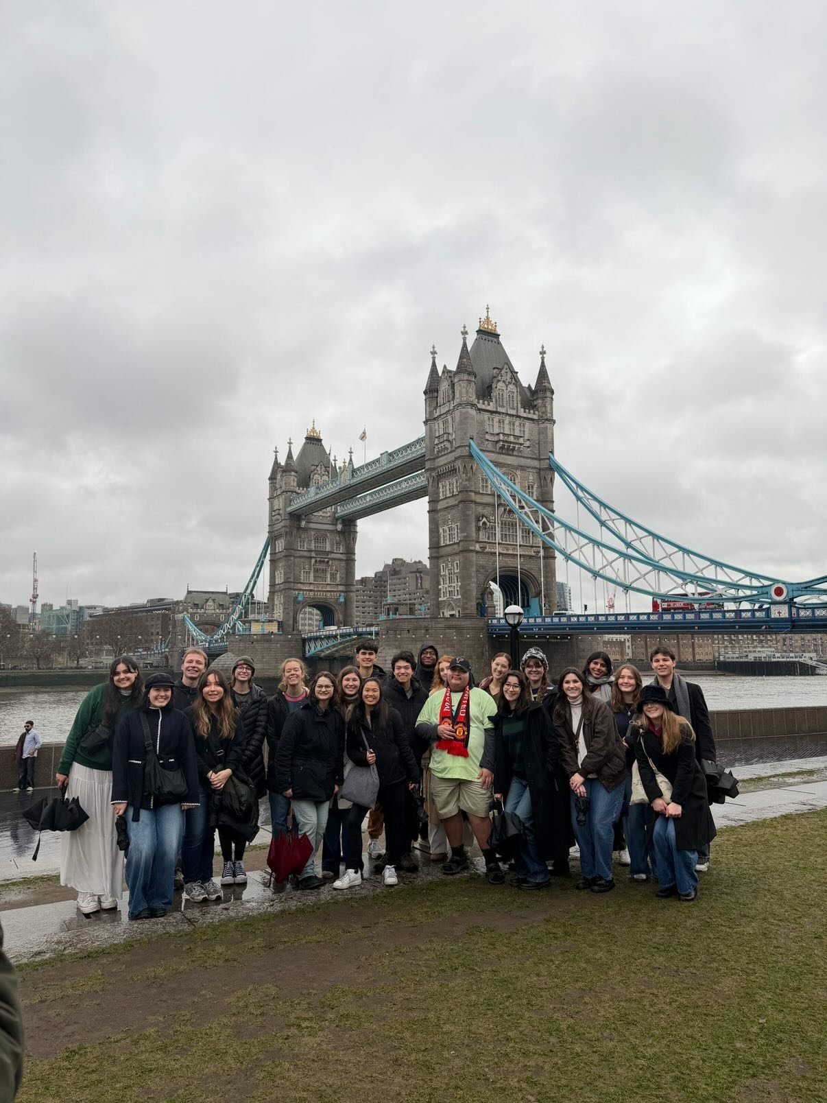 Group of study abroad students in London England in front of the London Bridge
