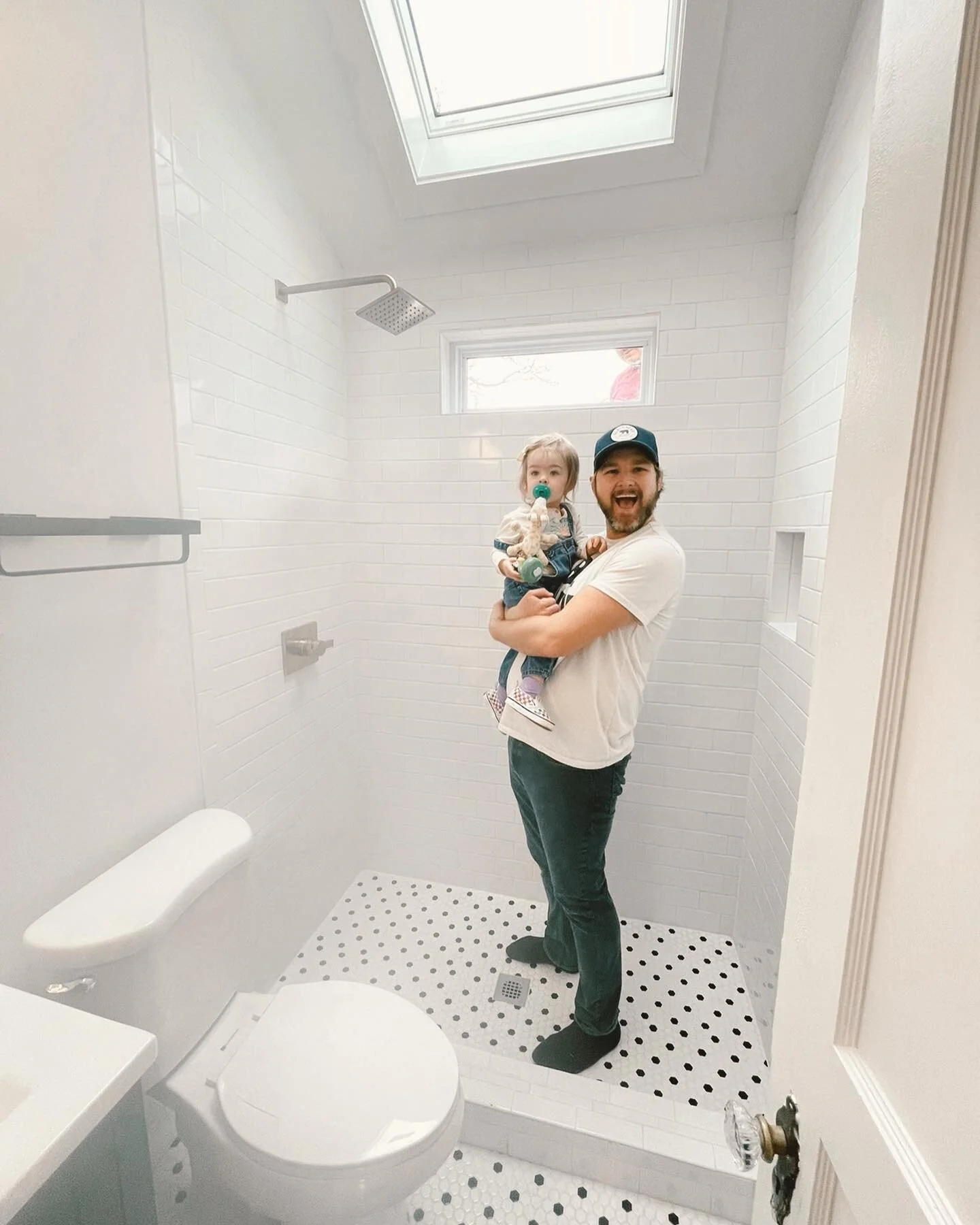 After, during, and before. 🚿

Shared this in my stories but this bathroom transformation deserves a spot on the grid.  The homeowner didn&rsquo;t want a tub, so walk-in shower for the win. We opened up the ceiling &amp; added a skylight, which made 