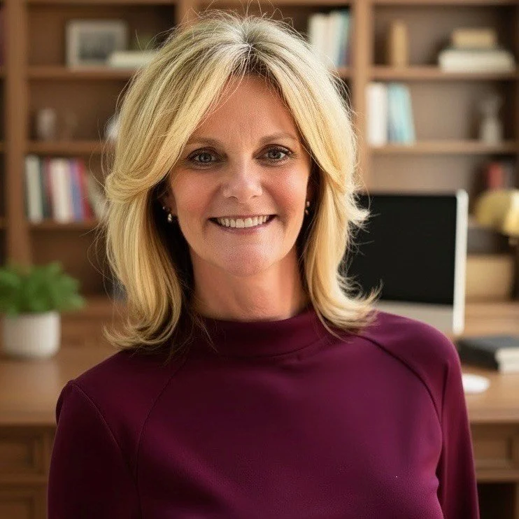 A woman with straight, dark brown hair, smiling, wearing a black top, standing against a plain light-colored wall.