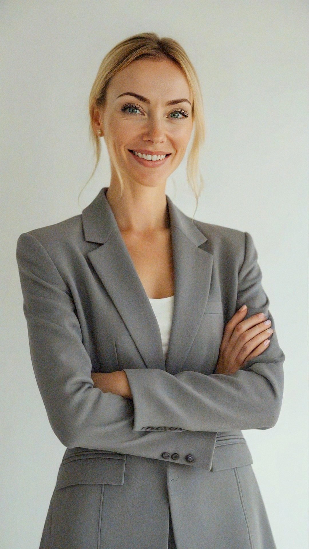 A woman with shoulder-length red hair smiling while sitting on a beige couch in a cozy living room with plants, framed pictures, and warm lighting.