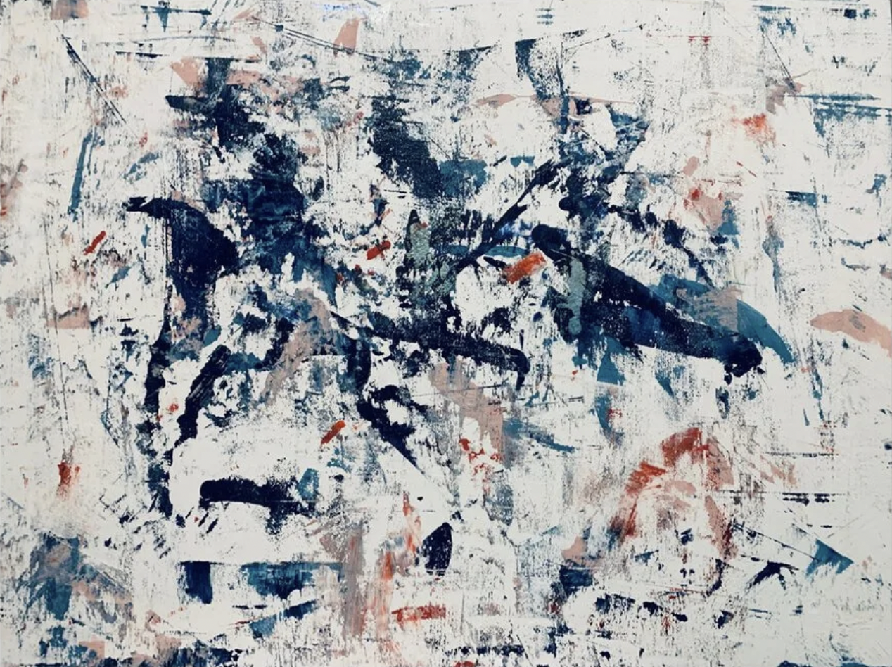 Abstract expressionist painting of Icelandic puffins.