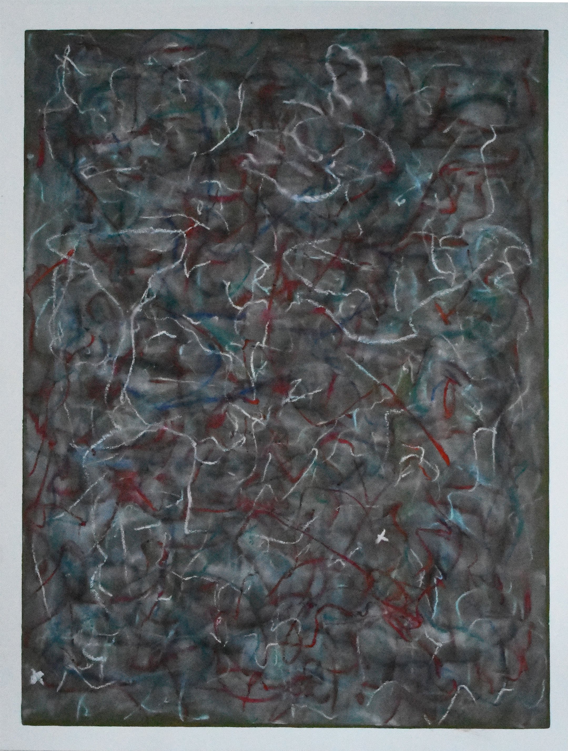 Abstract painting with gray background and swirling lines in white, red, black, and blue colors.