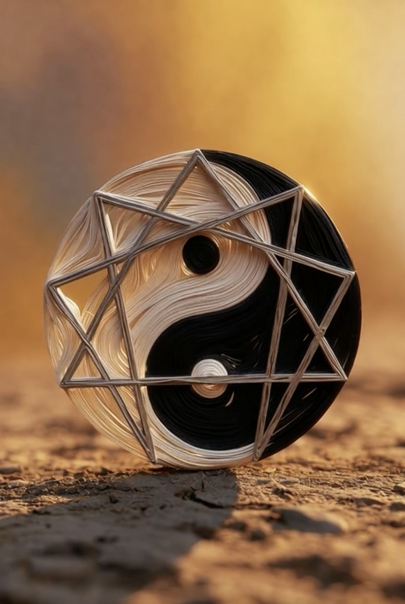 A rolled-up yin-yang symbol made of black and white material, wrapped in a geometric wireframe, resting on a textured ground with a blurred warm-toned background.